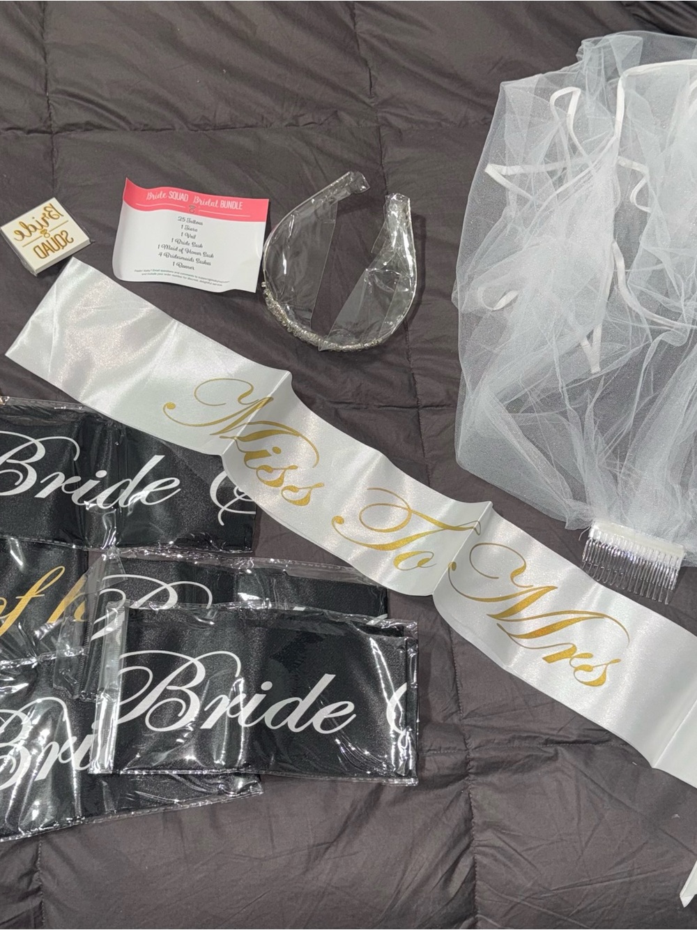 Bridal Party Sash and Veil Set - White sash with Gold Lettering
